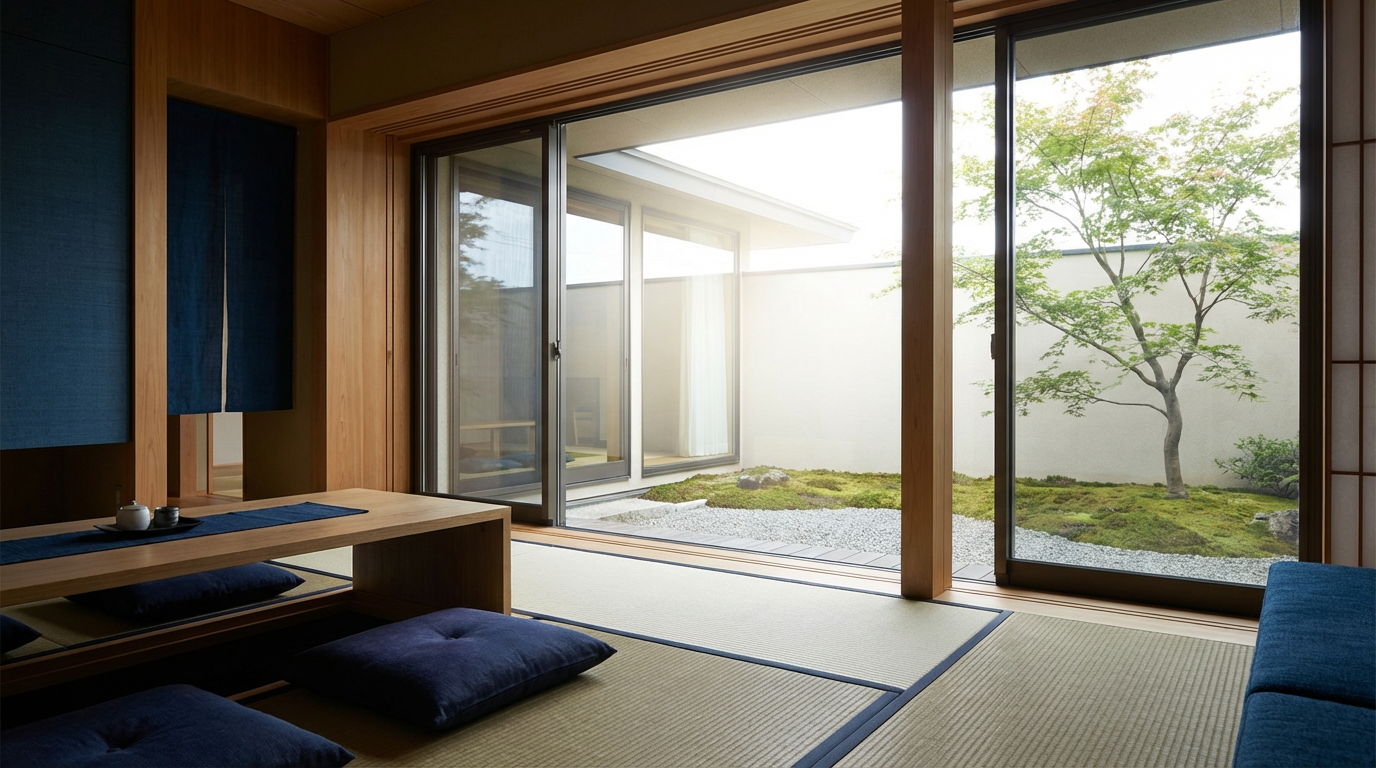 Serene Japanese interior overlooking a Zen garden